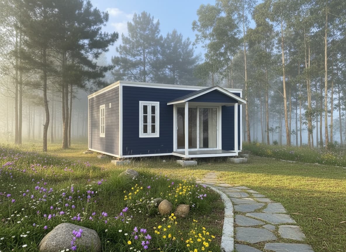 Compact One steel-frame prefab cottage in a hill-station clearing.