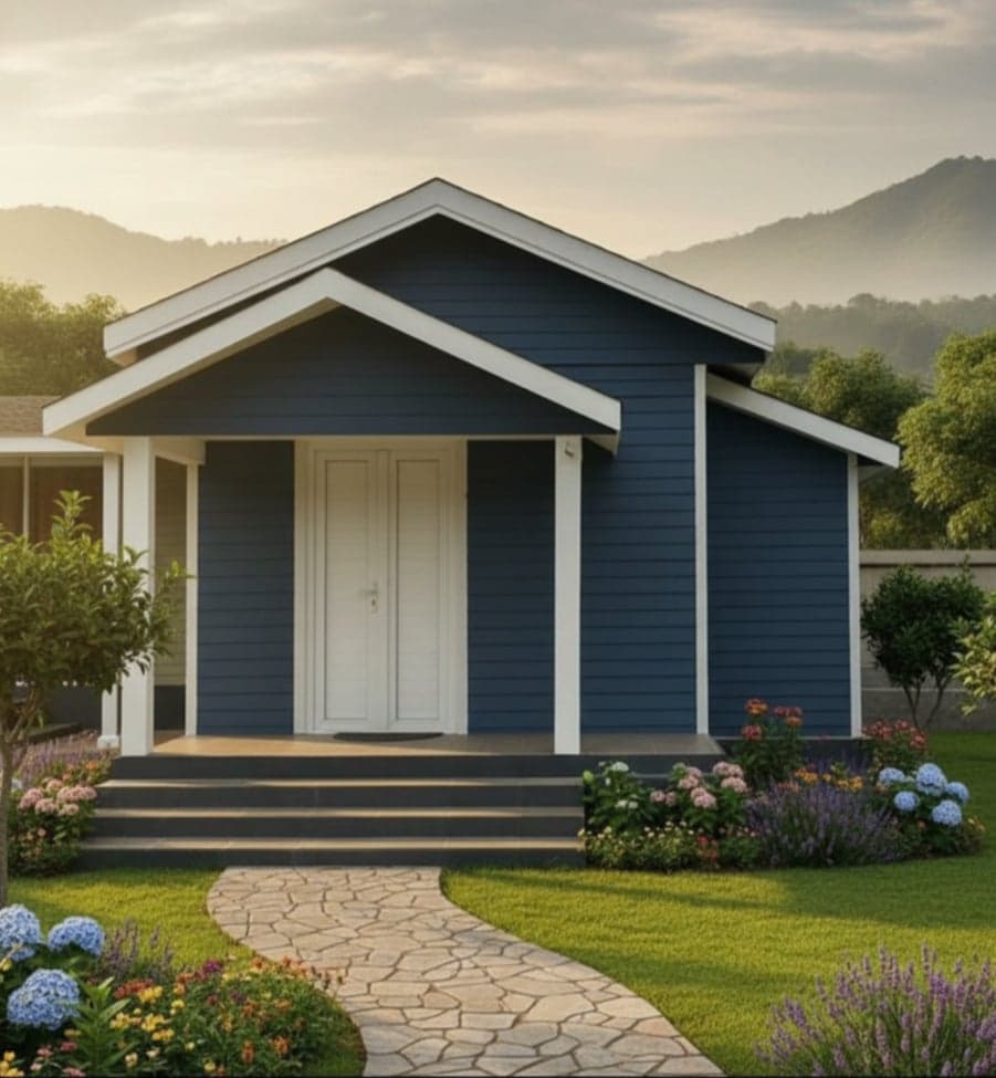 Studio Cottage — a 1 BHK navy prefab cottage with a double-gable porch, landscaped garden and misty hills in the background.